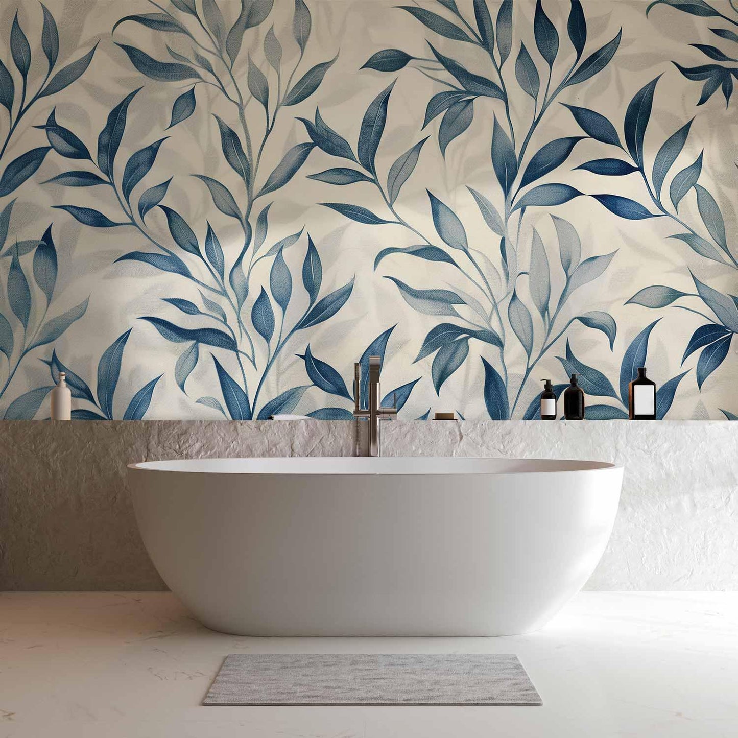 Fototapete - Leaves in Blue Colors Delicate Botanical Motif