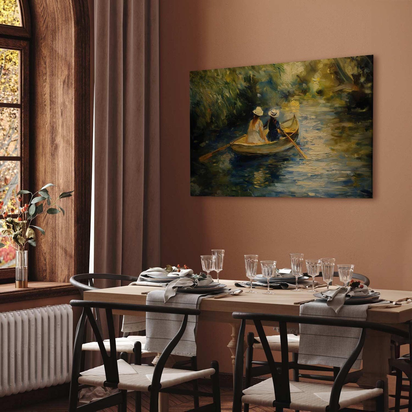 Leinwandbild - Boat crossing - painting of two women sailing a boat on a river