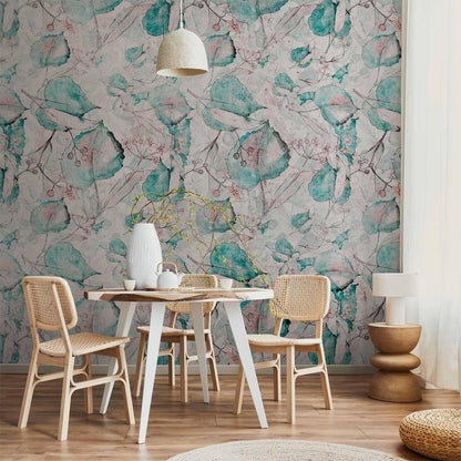 Fototapete - Autumn souvenirs - floral pattern with turquoise leaves