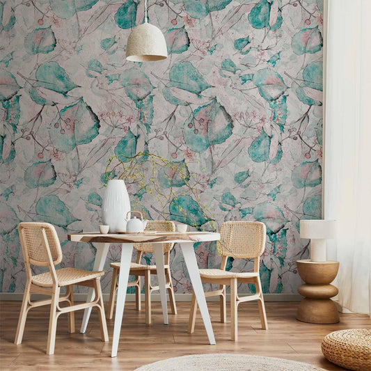 Fototapete - Autumn souvenirs - floral pattern with turquoise leaves