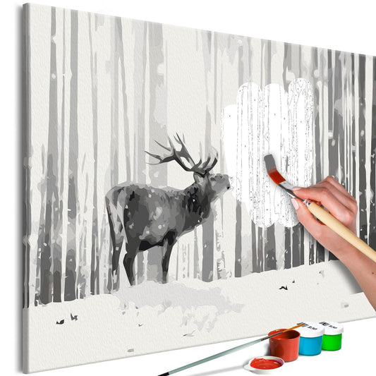 Wandbild zum Ausmalen Hirsch im Schnee - Winterliches Hirsch-Motiv Malen nach Zahlen Set mit Leinwand, Farben und Pinseln