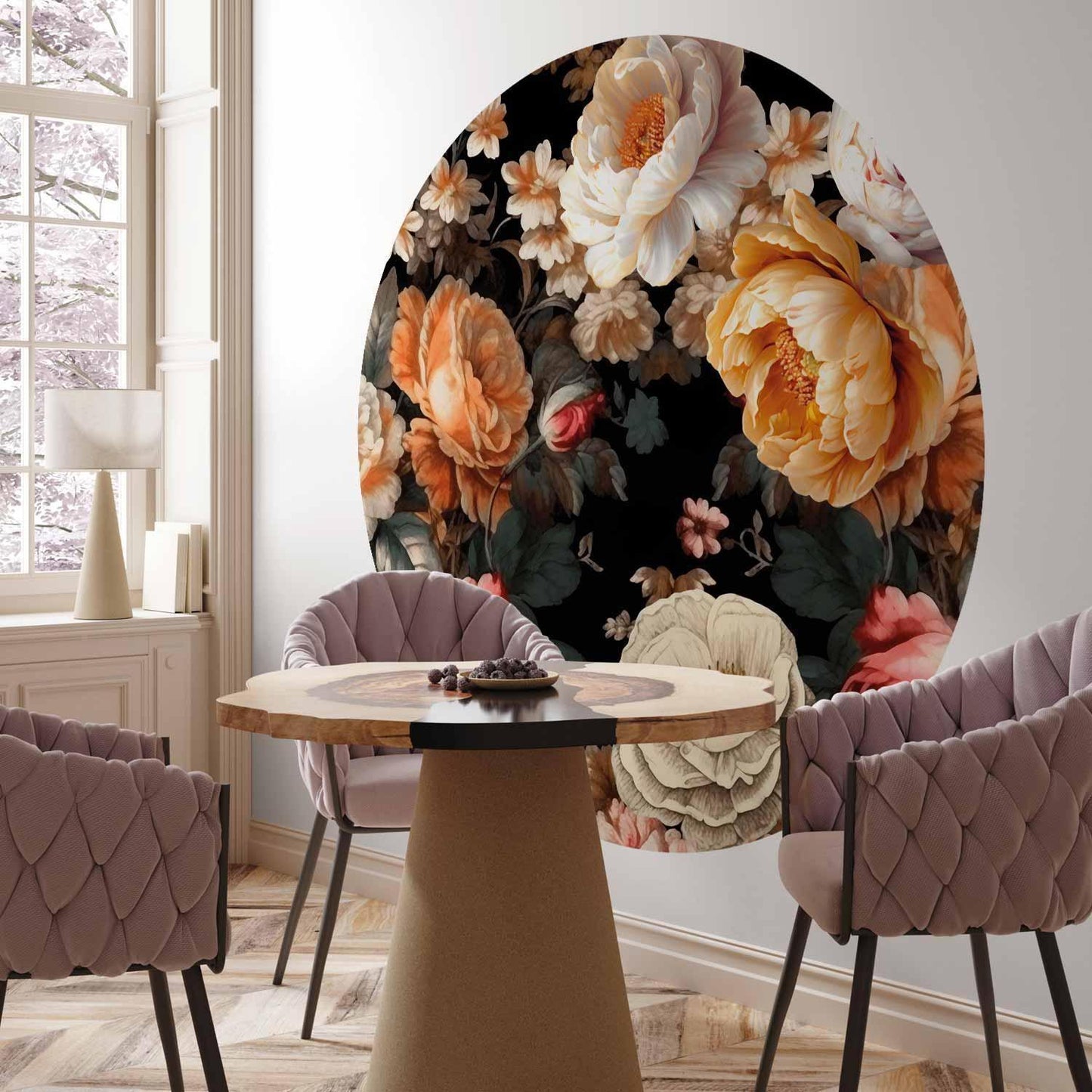 Runde Fototapete - Colourful flowers on a black background