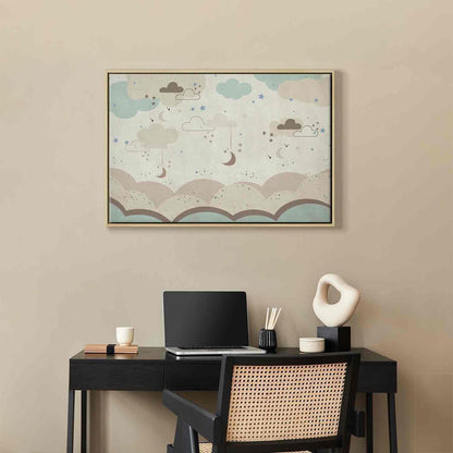 Leinwandbild - Cloudy Night Sky - Moons in Brown and Beige Hues Among Clouds and Numerous Little Stars on a Light Background Artgeist