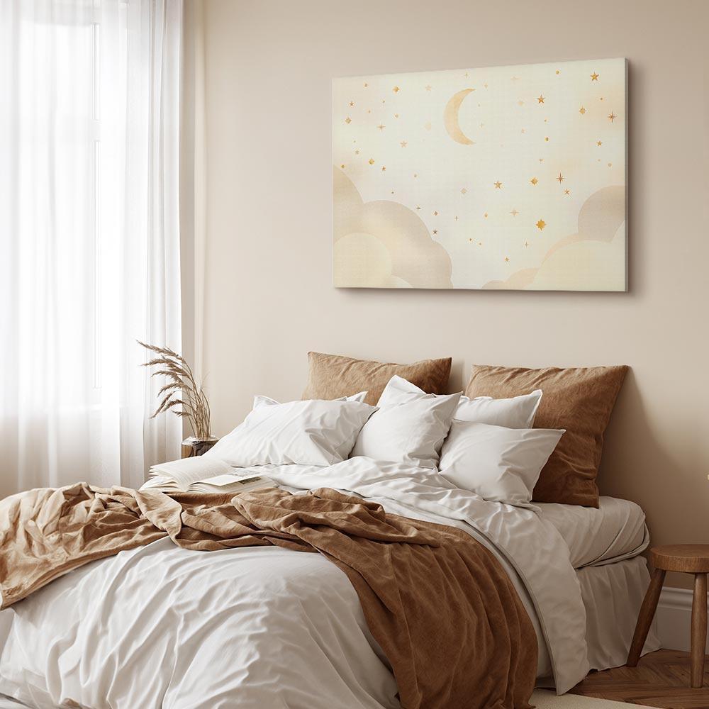 Leinwandbild - Bright Night - Moon Accompanied by Many Stars on a Light Background