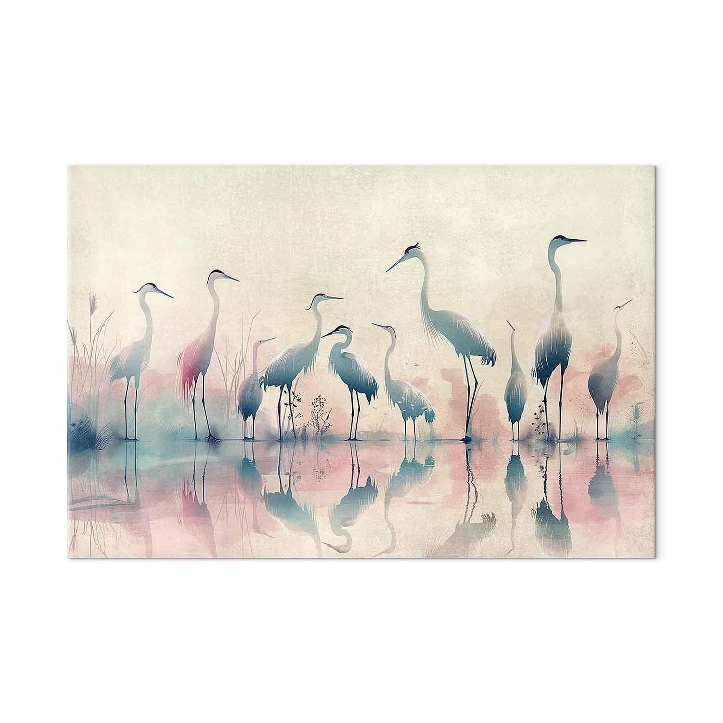 Wandbild XXL - Birds by the lake - herons painted in watercolour in delicate grey and pink colours