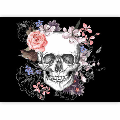 Fototapete Skull and Flowers – Schädel & Blumen in künstlerischem Kontrast