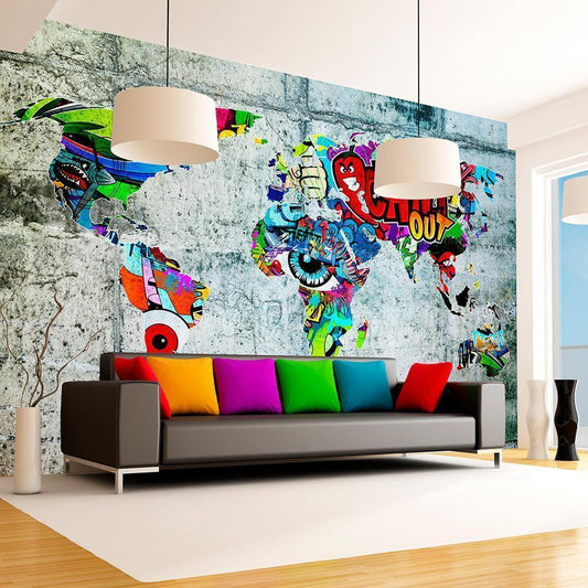 Fototapete „Map Graffiti“ – bunte Weltkarte im Street-Art-Stil


