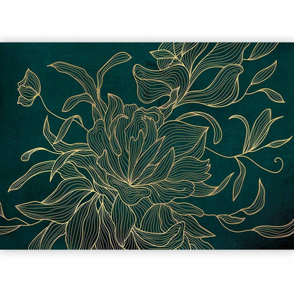 Fototapete - Green boudoir - linear drawing of a flower in golden colours on a dark background