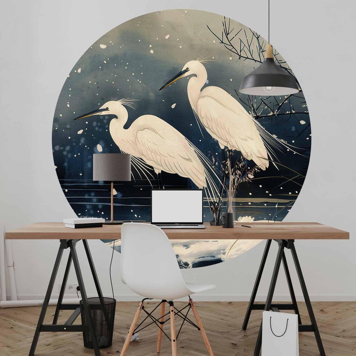 Runde Fototapete - Herons over a winter pond - Japanese-style illustration in dark colours