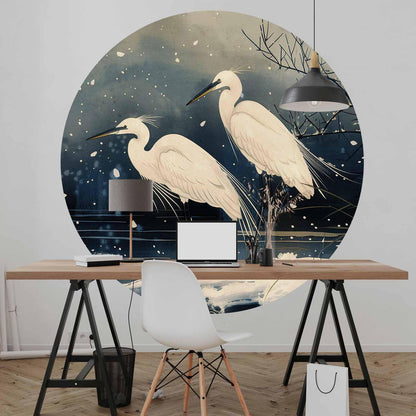 Runde Fototapete - Herons over a winter pond - Japanese-style illustration in dark colours