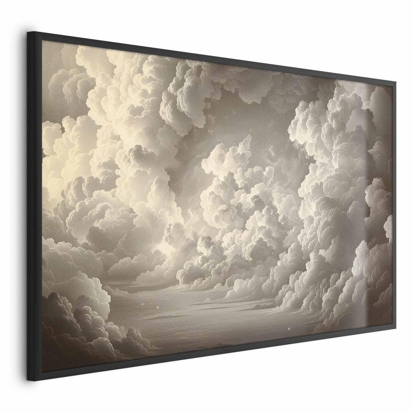 Illuminated clouds art poster in black frame featuring soft light play in sky theater.