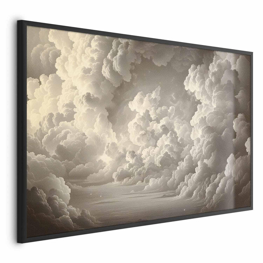 Illuminated clouds art poster in black frame featuring soft light play in sky theater.