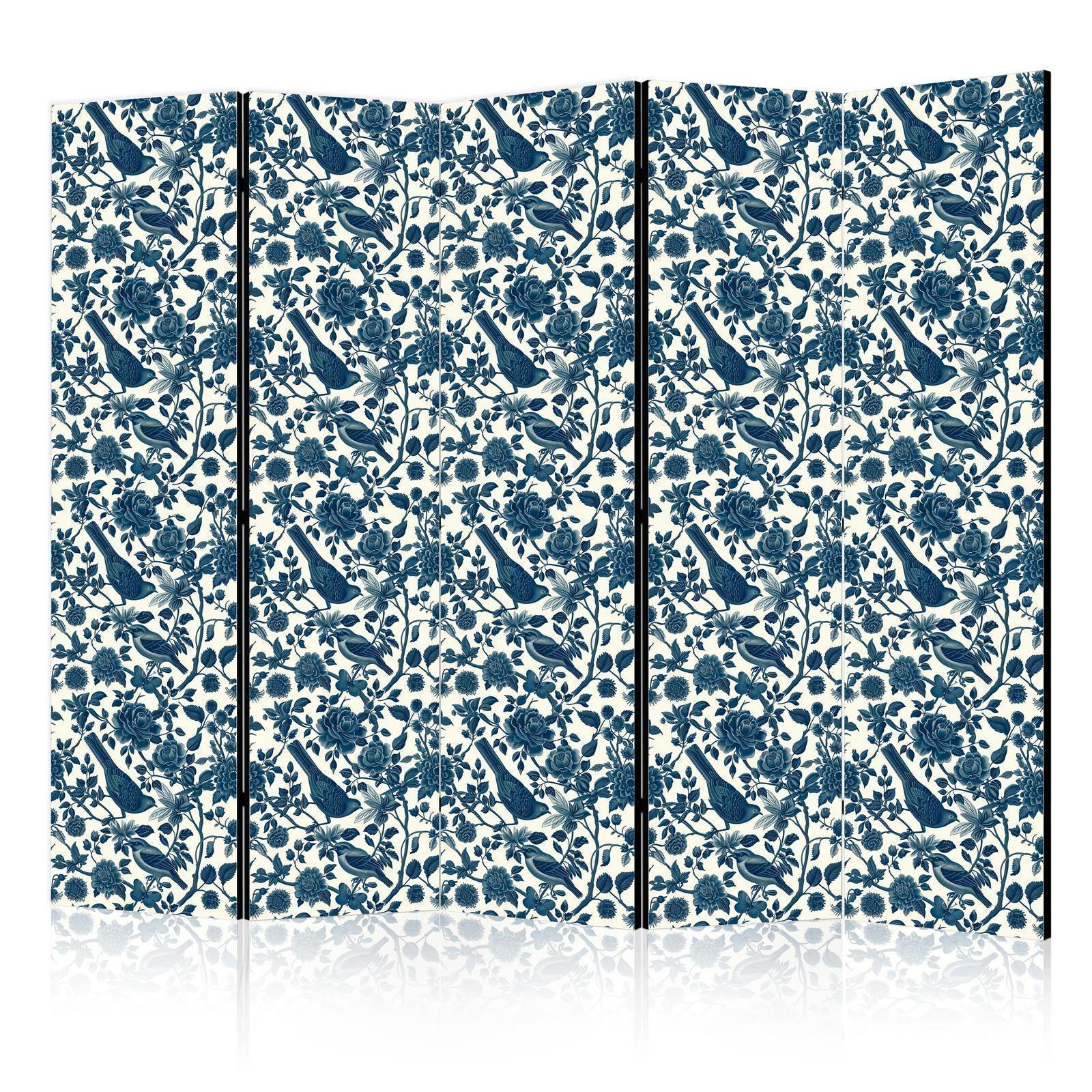 Paravent - Rose Vines - Monochromatic Blue Birds Resting Among Roses Artgeist