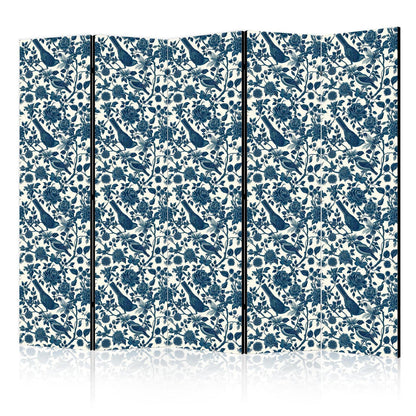 Paravent - Rose Vines - Monochromatic Blue Birds Resting Among Roses Artgeist