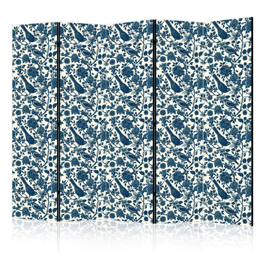 Paravent - Rose Vines - Monochromatic Blue Birds Resting Among Roses Artgeist