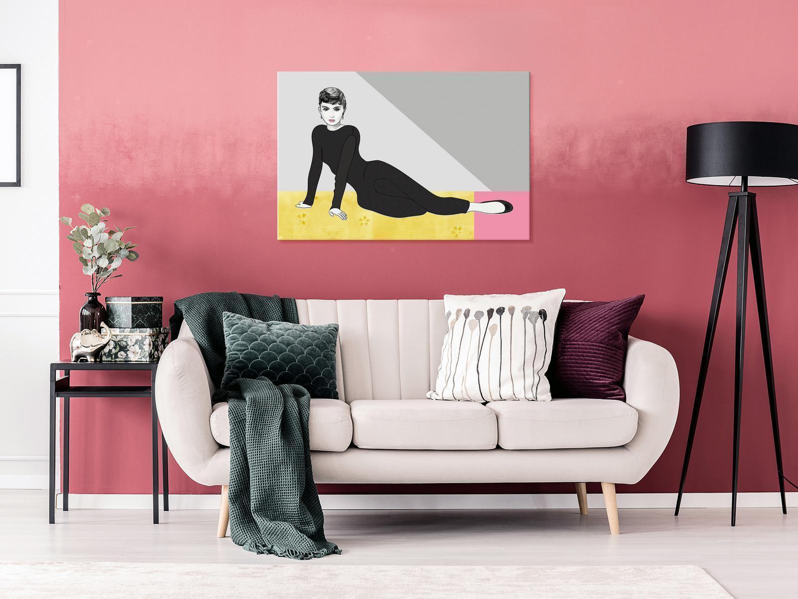 Pop art-inspired canvas of a woman in pastel hues, enhancing living room décor.