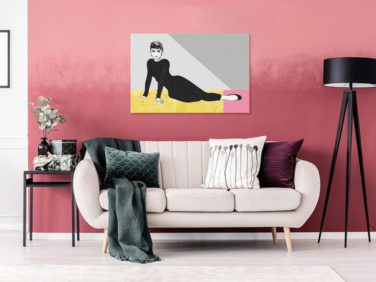 Pop art-inspired canvas of a woman in pastel hues, enhancing living room décor.