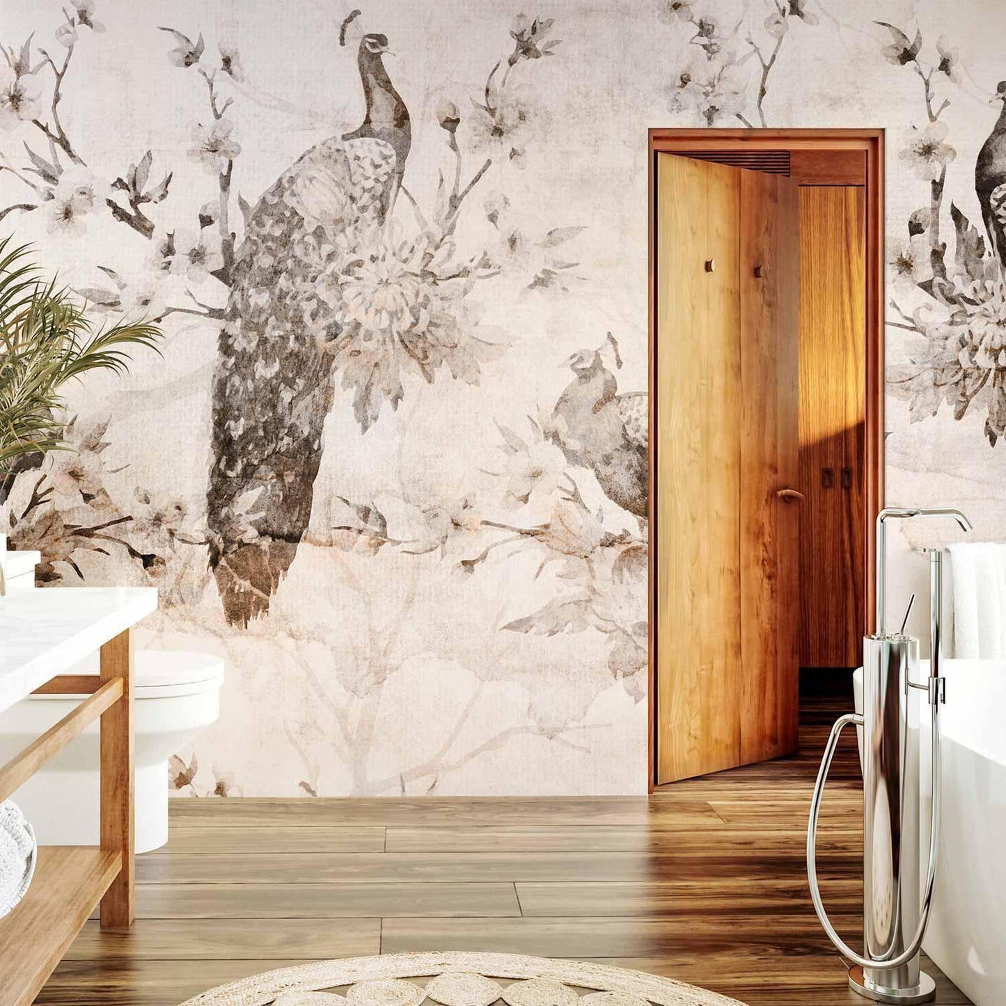 Fototapete - Peacocks in Delicate Beige