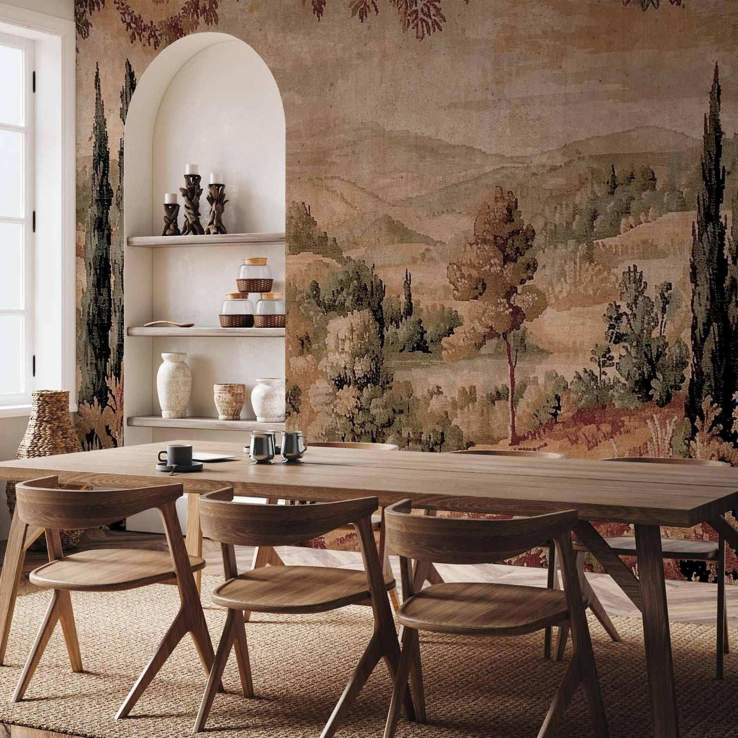 Fototapete Mediterrane Landschaft – Alter Wandteppich mit Hügel und See