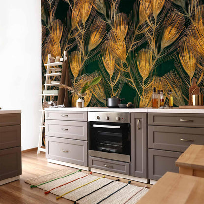 Fototapete - Golden peacock feathers - solid background with bird pattern on green background