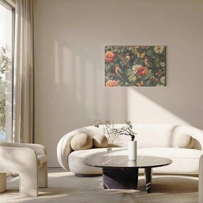 Leinwandbild - Flowers, birds and butterflies – vintage-style illustration