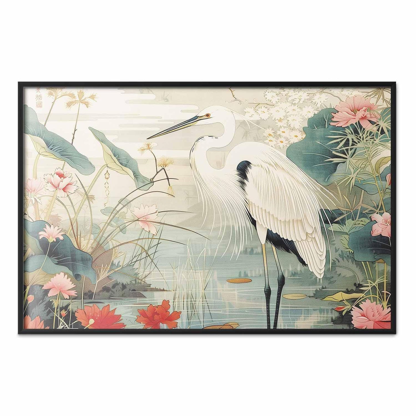 Poster - Over the Asian Pond - illustration in the Japanese print style featuring a heron