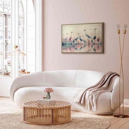 Leinwandbild - Birds by the lake - herons painted in watercolour in delicate grey and pink colours