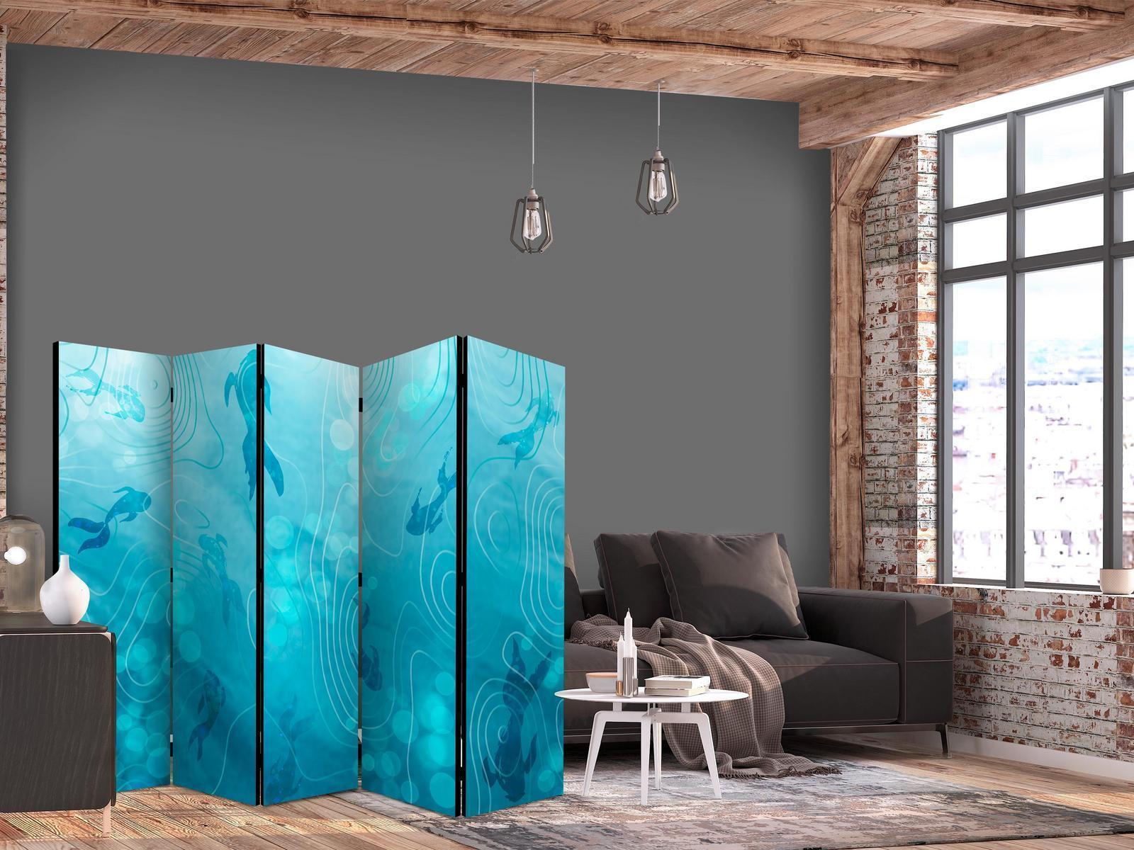 Paravent - Koi Fish Beneath the Water Surface - A Cluster of Japanese Fish in the Depths of the Pond in Shades of Navy and Blue Artgeist