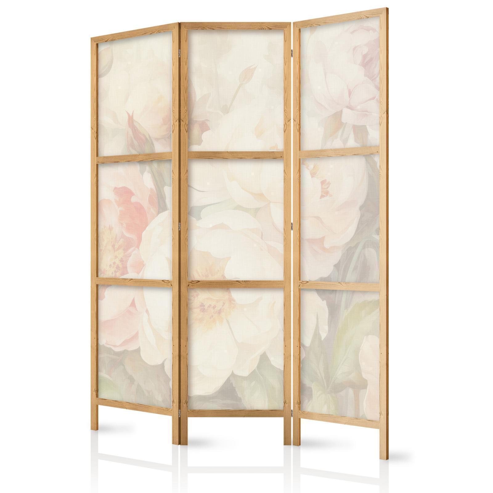Japanischer Paravent - Blooming Peonies - Bright Large Flowers Enveloped in White Mist Artgeist