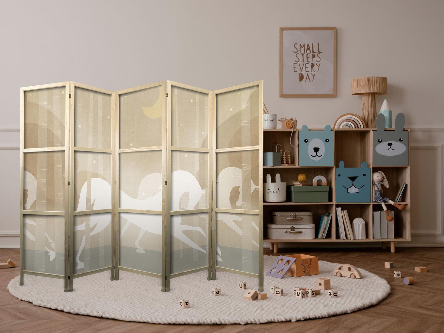 Japanischer Paravent - Moonlit Steeds - Horses galloping among trees on a starry night