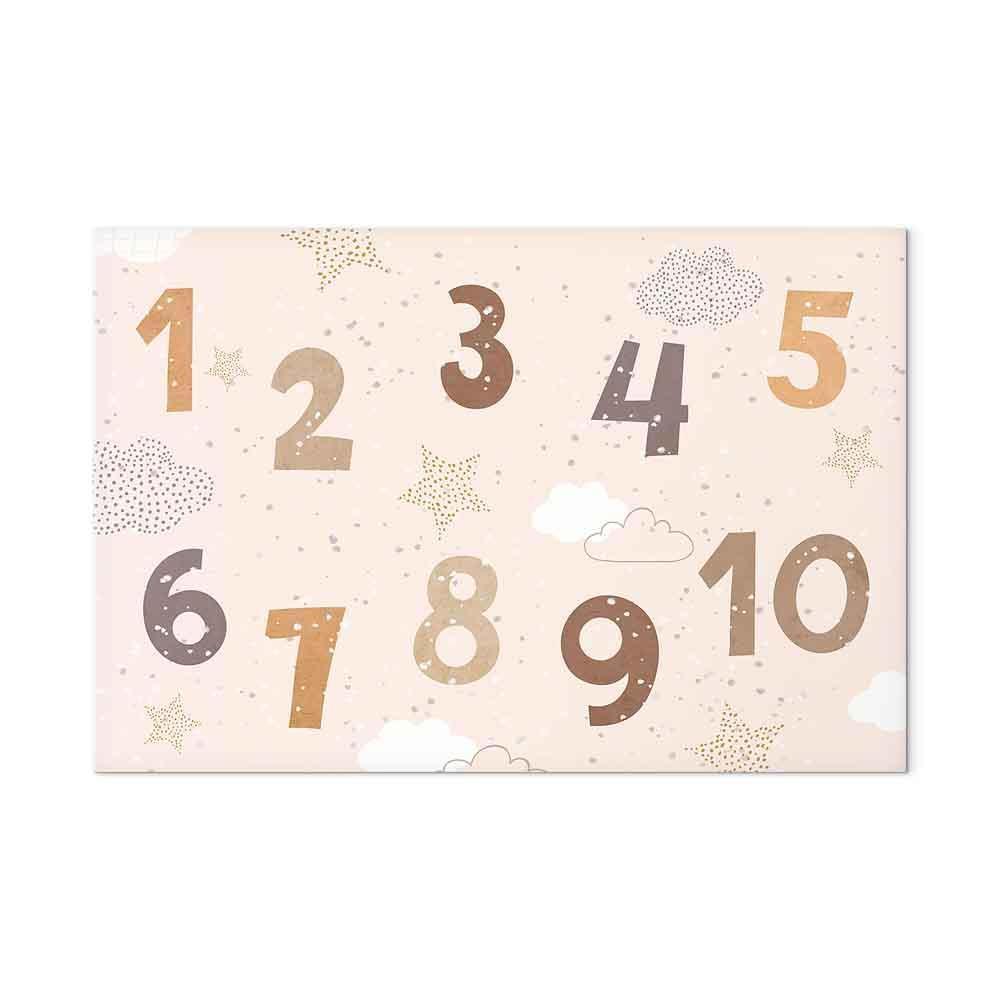 Leinwandbild - Jumping Numbers - Numbers in a Subdued Beige-Brown Hue Among Snowflakes Stars and Clouds