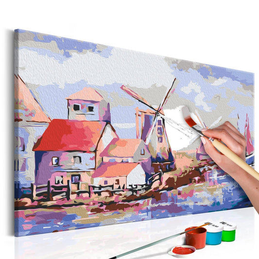 Wandbild zum Ausmalen - Windmühlen in ländlicher Landschaft