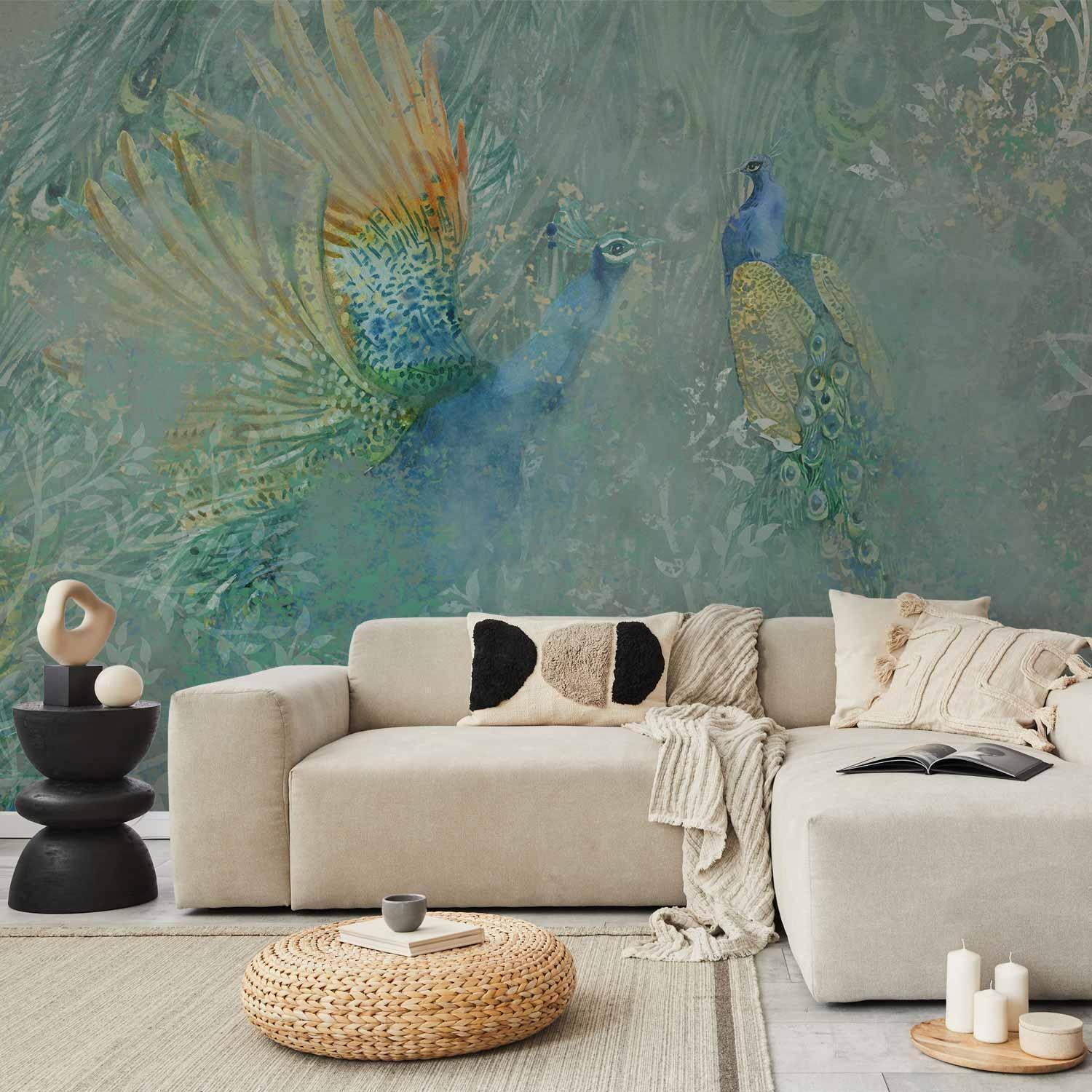Fototapete „Peacocks Dancing“ – Majestätische Pfauen im eleganten Tanz Artgeist