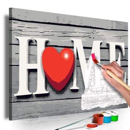 Wandbild zum Ausmalen Home with Red Heart - Zuhause mit rotem Herz Malen nach Zahlen Set mit Leinwand, Farben und Pinseln