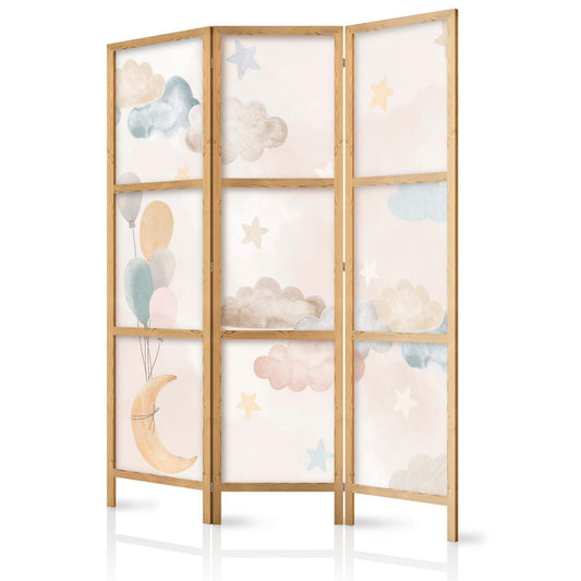 Japanischer Paravent - Fairy-Tale Moon - Moon with Balloons Among Clouds and Stars in Subdued Colors on a Light Beige Background Artgeist