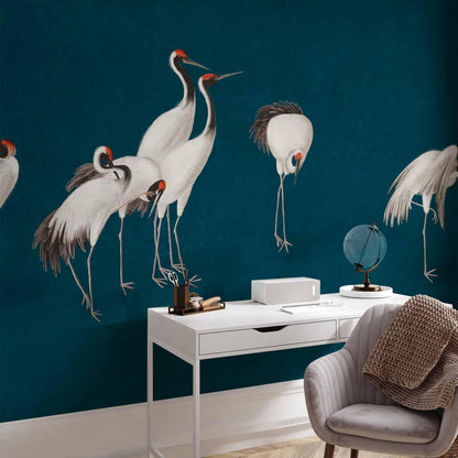 Fototapete - Evening by the pond - a group of cranes drawn in dry pastel on a dark turquoise background