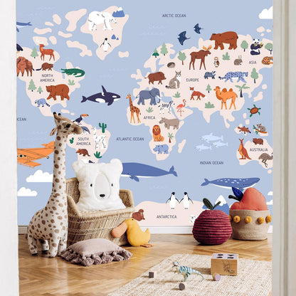 Fototapete - World Map With Animal Illustrations Artgeist
