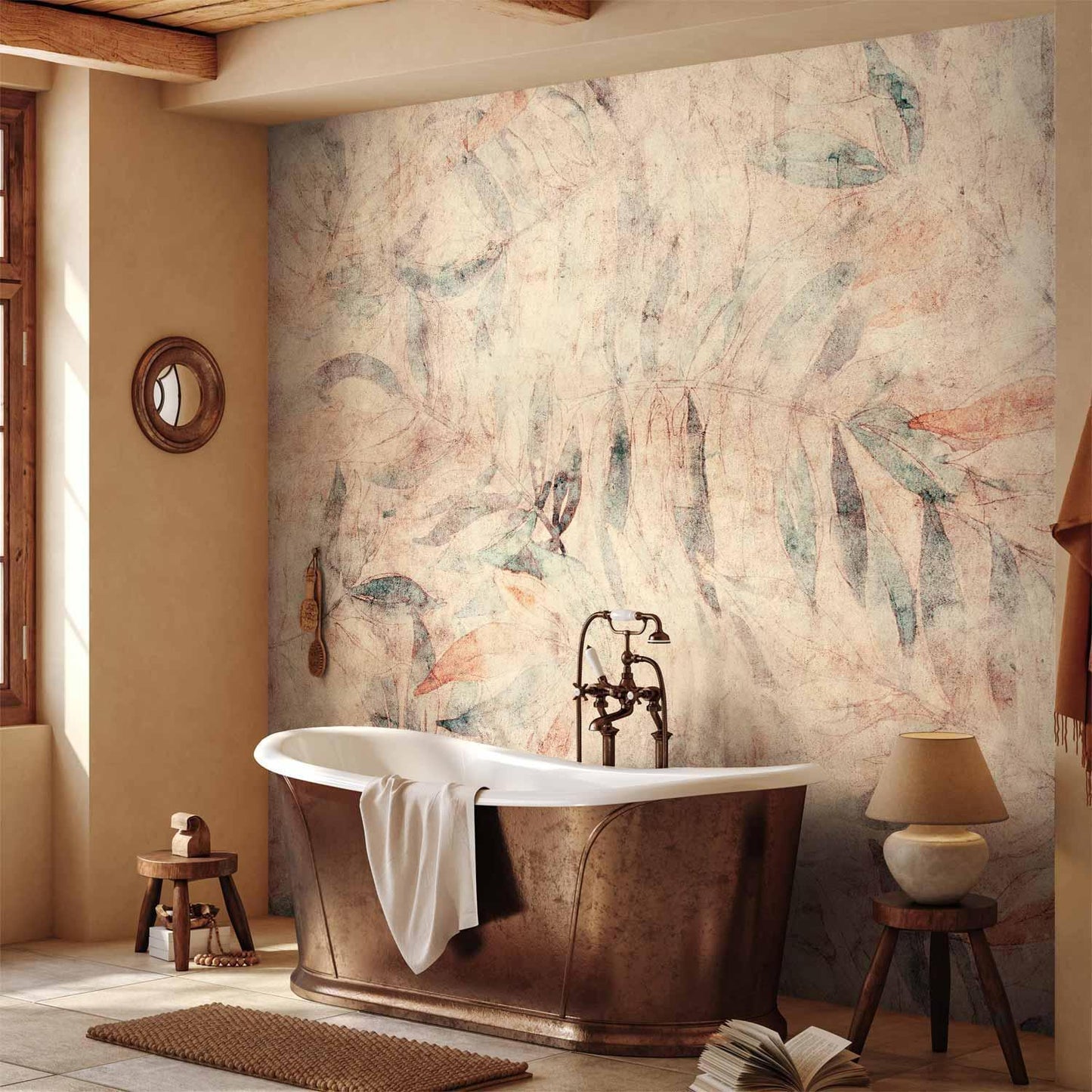 Fototapete - Greek laurels - composition with leaves in patterns on a background in yellow tones