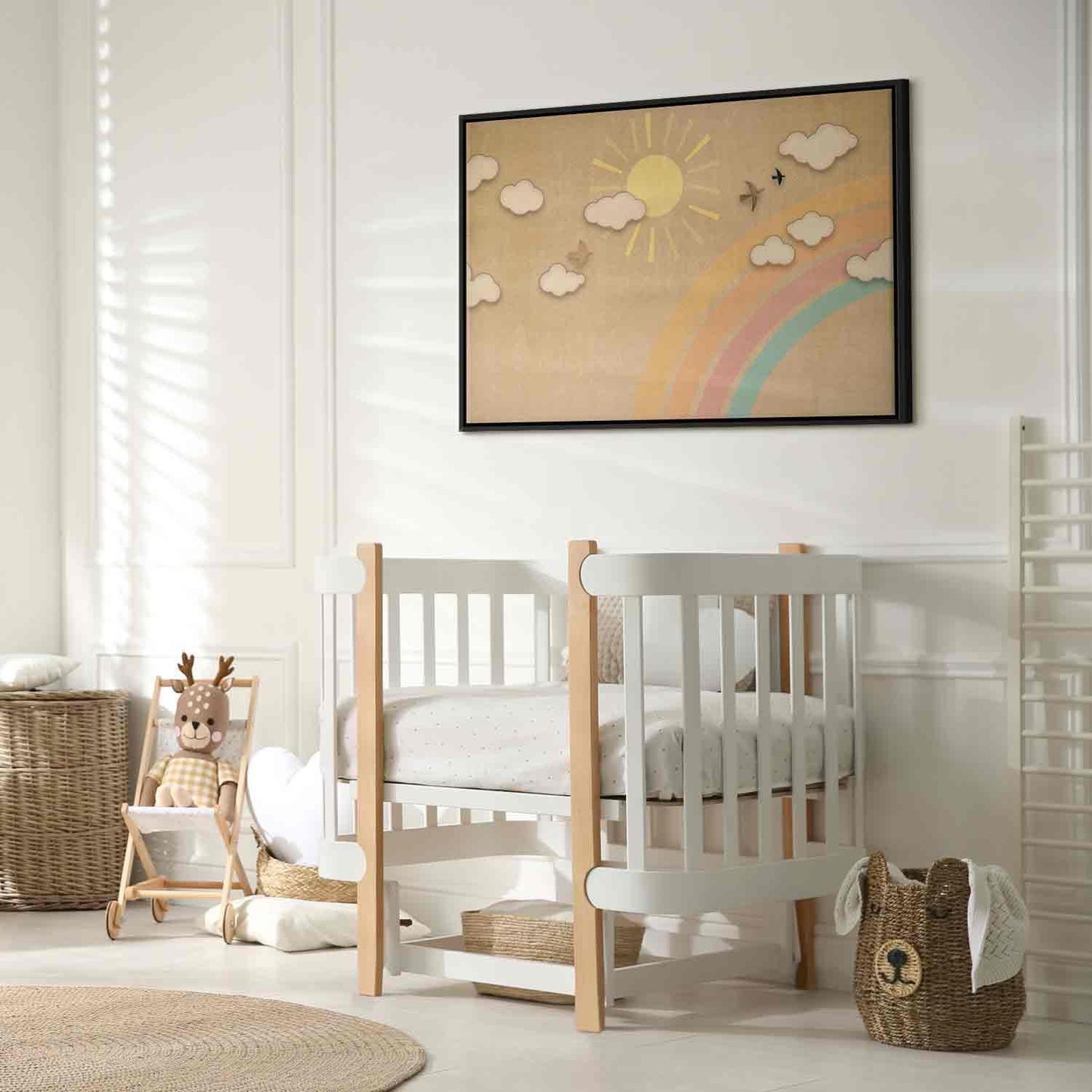 Leinwandbild - Holiday Sky - Sunny Day with a Rainbow and Flying Birds