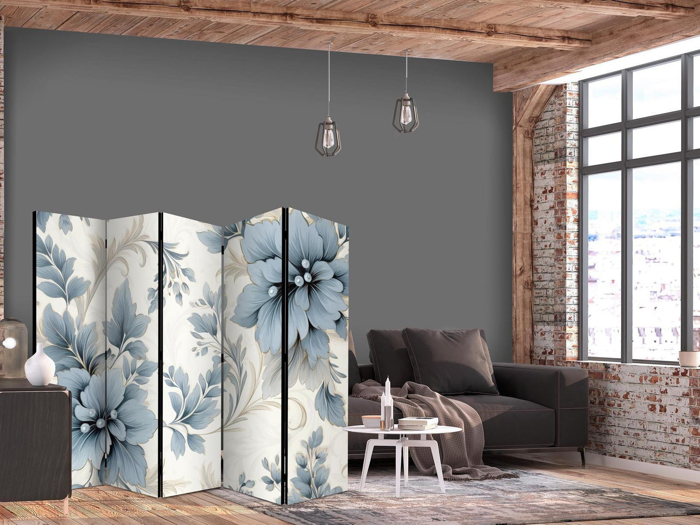 Paravent - Turquoise Flowers in Retro Vibe Floral Ornaments Artgeist