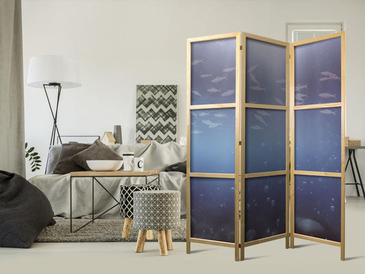 Japanischer Paravent - School of Small Fish - Illuminated Oceanic Depth in Shades of Navy Purple and Gray with a School of Tiny Fish