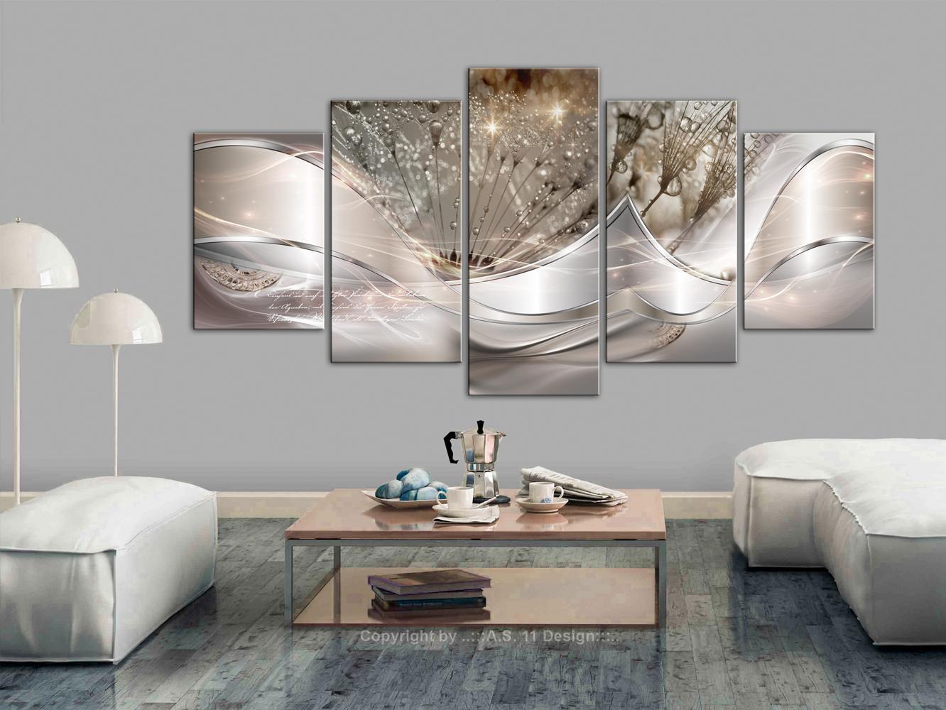 5-teiliges Pusteblumen Leinwandbild im Wohnzimmer aufgehängt
