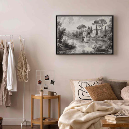 Leinwandbild - Black and White Vintage Landscape Retro View of a Pond with a Boat Artgeist