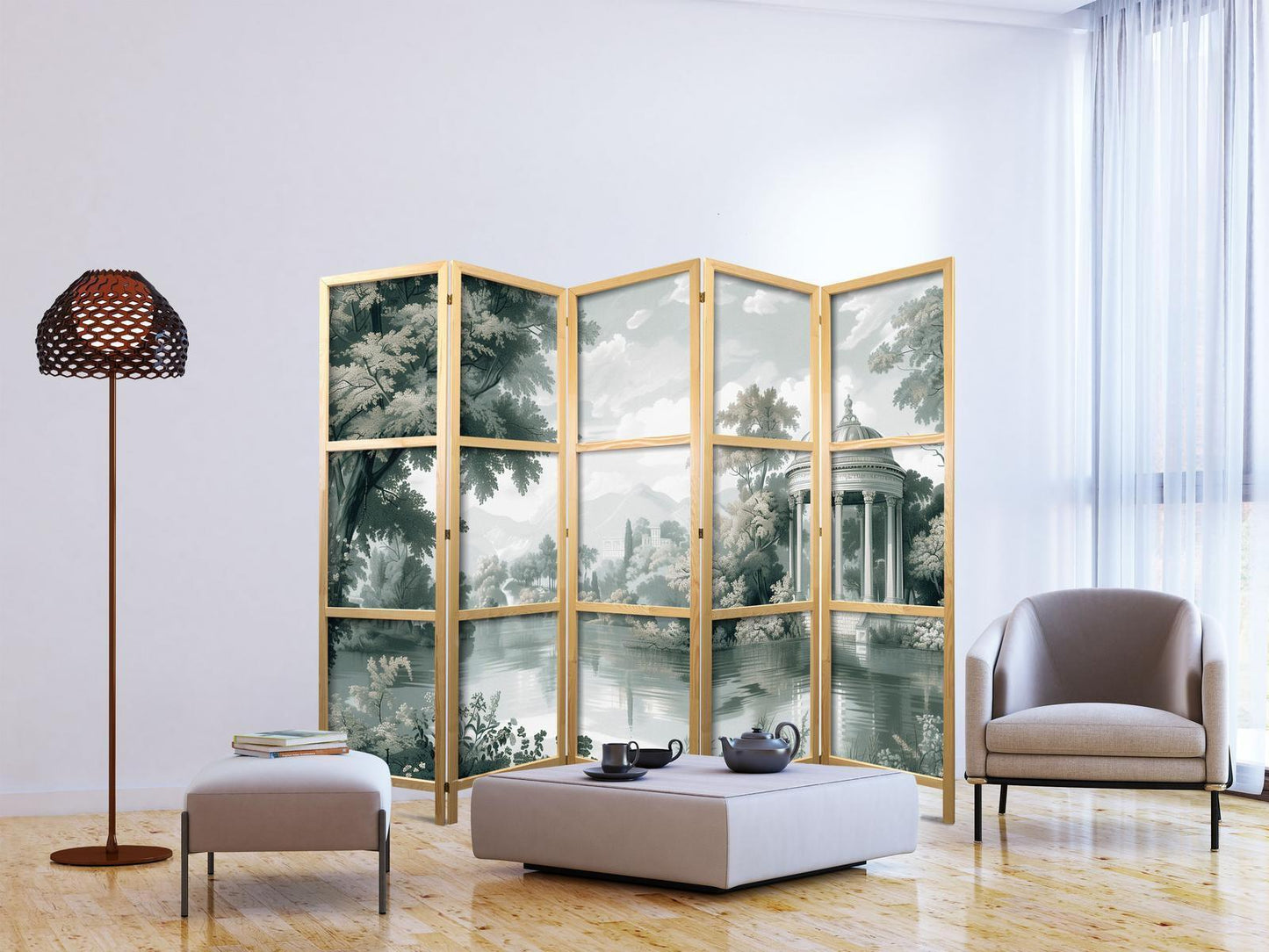 Japanischer Paravent - View of the Park and Lake - Retro Vintage Landscape in Greens