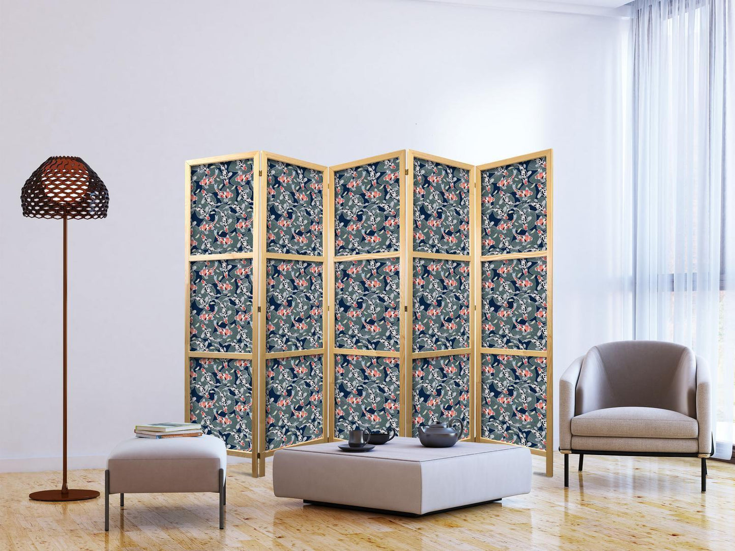 Japanischer Paravent - Fish Among Leaves - Colorful Koi Fish Among Dark Green Water Lily Leaves on a Navy Water Surface