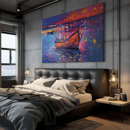 Wandbild XXL - Modern impressionism - night landscape of a lake with a floating boat