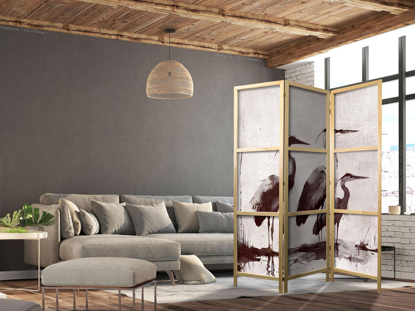 Japanischer Paravent - Herons painted with ink