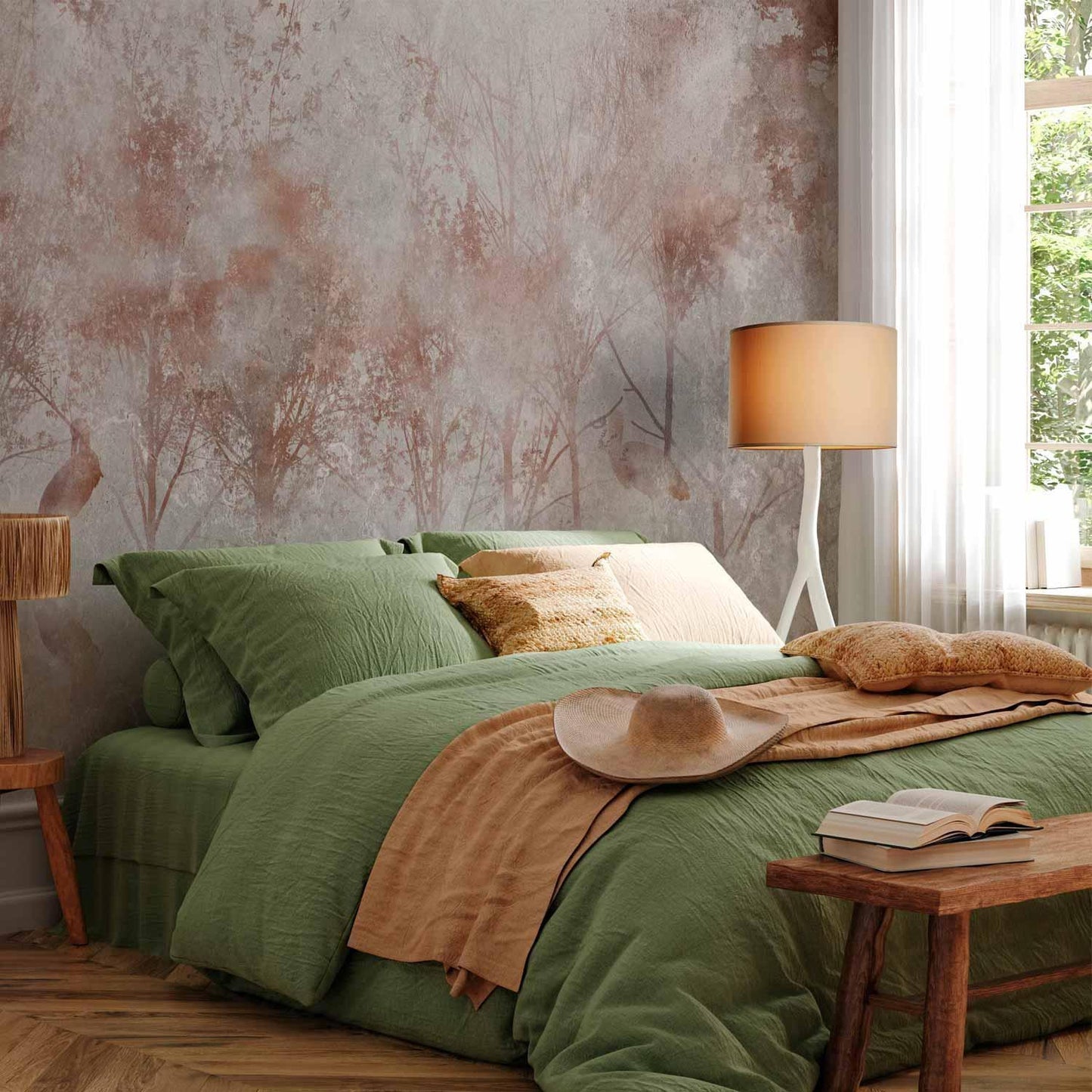 Fototapete - Autumn landscape - abstract with trees and birds on a textured background