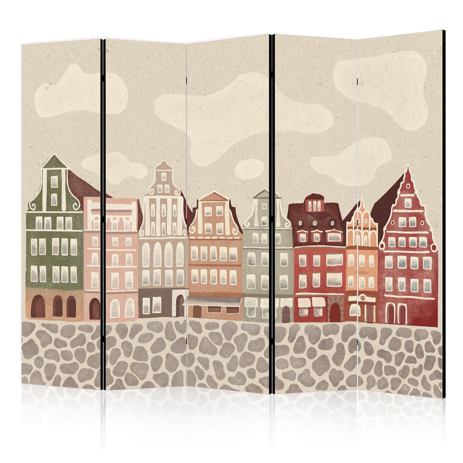 Paravent - Salt Square - Colorful Illustrated Townhouses Against a Sky with Clouds Background Artgeist