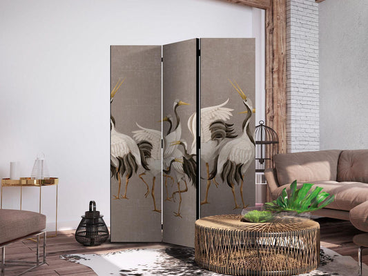 Paravent - Crane dance - bright silhouettes of birds on a warm grey background with texture